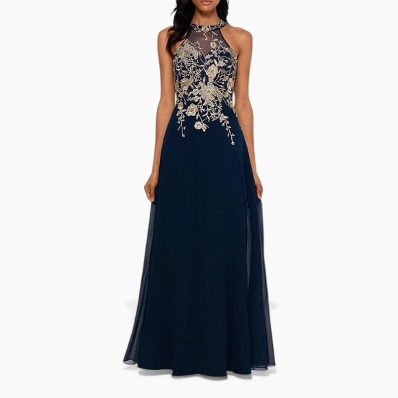 🌻NEW w/tag Betsy & Adam Embroidered Chiffon Halter A-Line Long Gown 10 - Picture 2 of 13